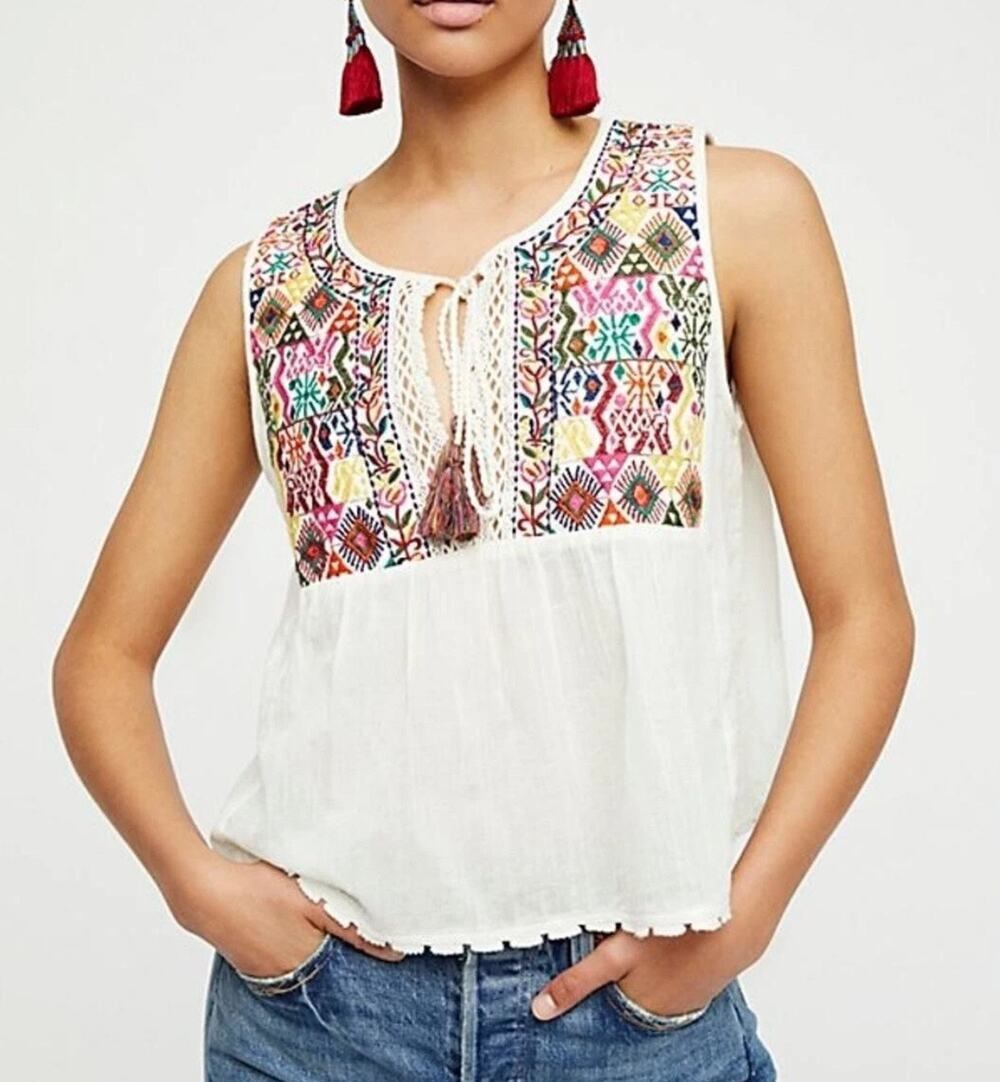 Free People White Embroidered Floral Flowy Lohri Tank Top Sz S N